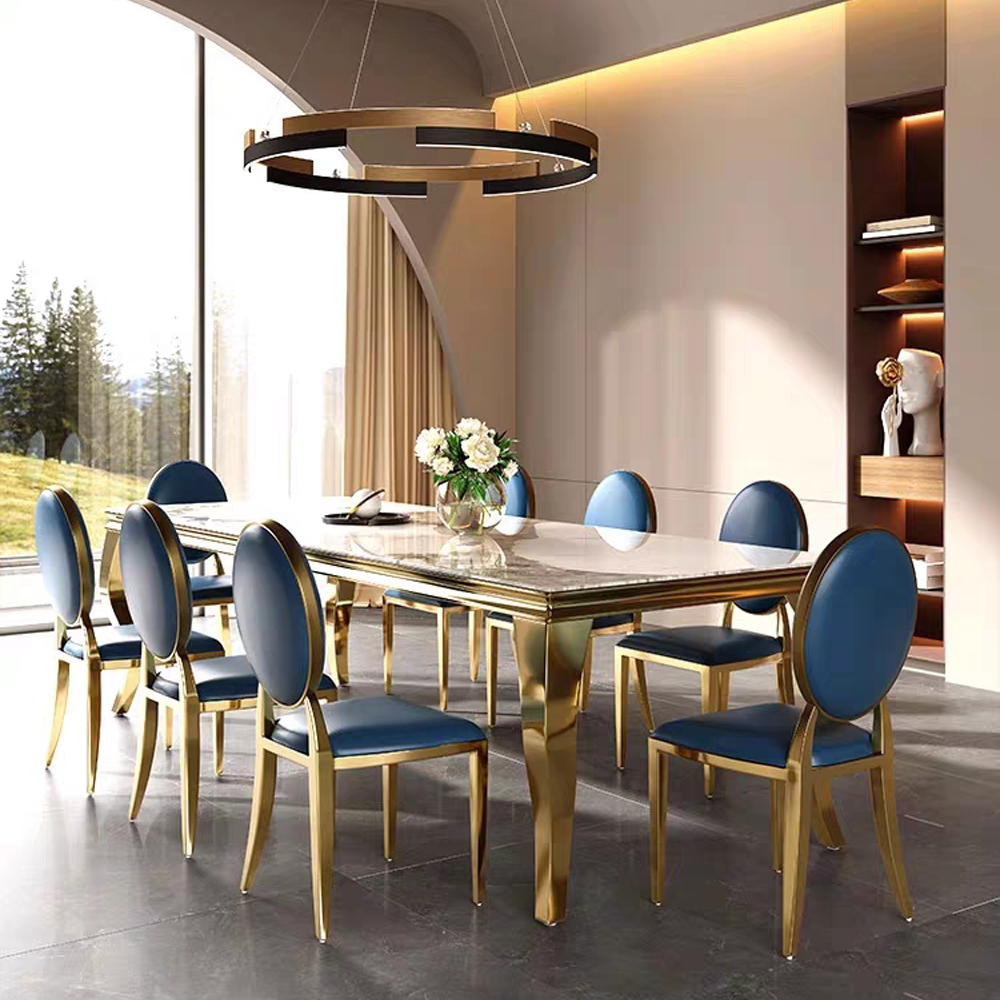 White Marble Dining Table Set 6 Chairs Gold Party Wedding Metal Steel Stainless dining table set