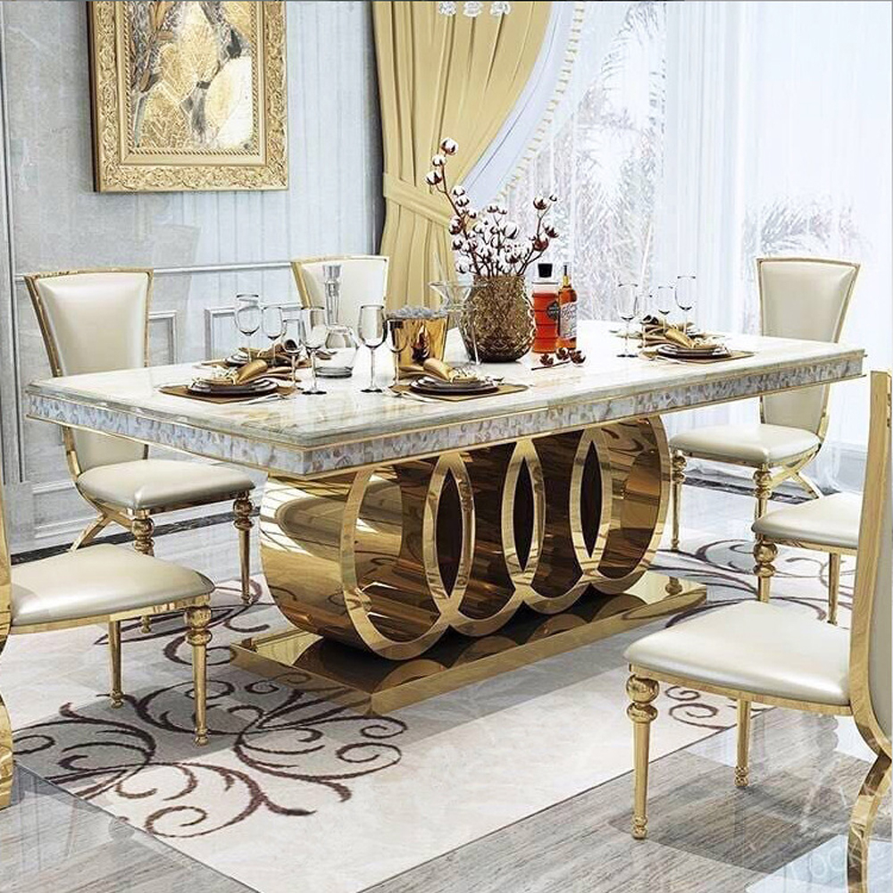 Popular restaurant furniture dinner table set 6 chairs modern luxury gold marble dinner table