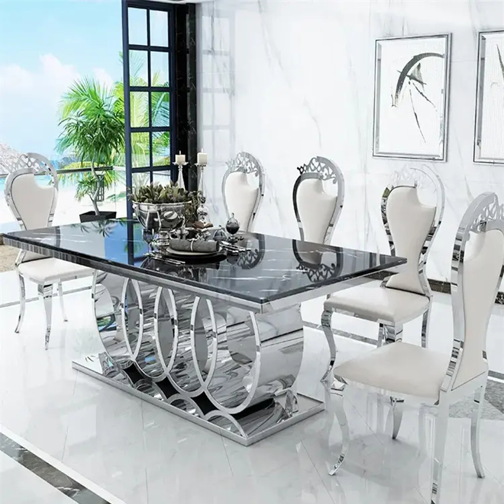 Good quality foshan furniture stainless steel base dinner table grey light luxury dinner table set with chairs